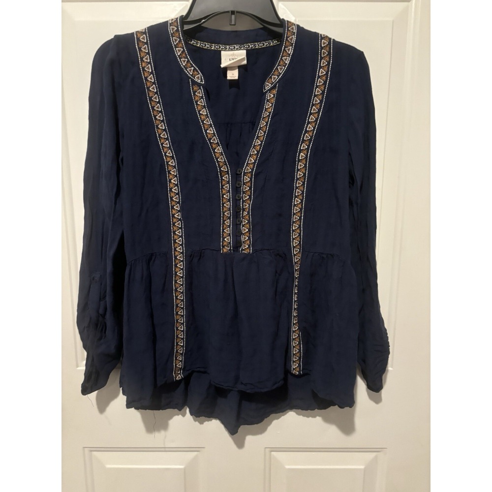 Knox Rose Women's Peasant Top Blue Roll-Tab Sleeve Size Small Boho Artsy - Picture 1 of 8